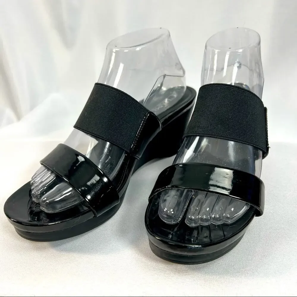 Chaps Rhoda black patent leather stretch slide on wedge open toe heel sandals 9 - Picture 2 of 7